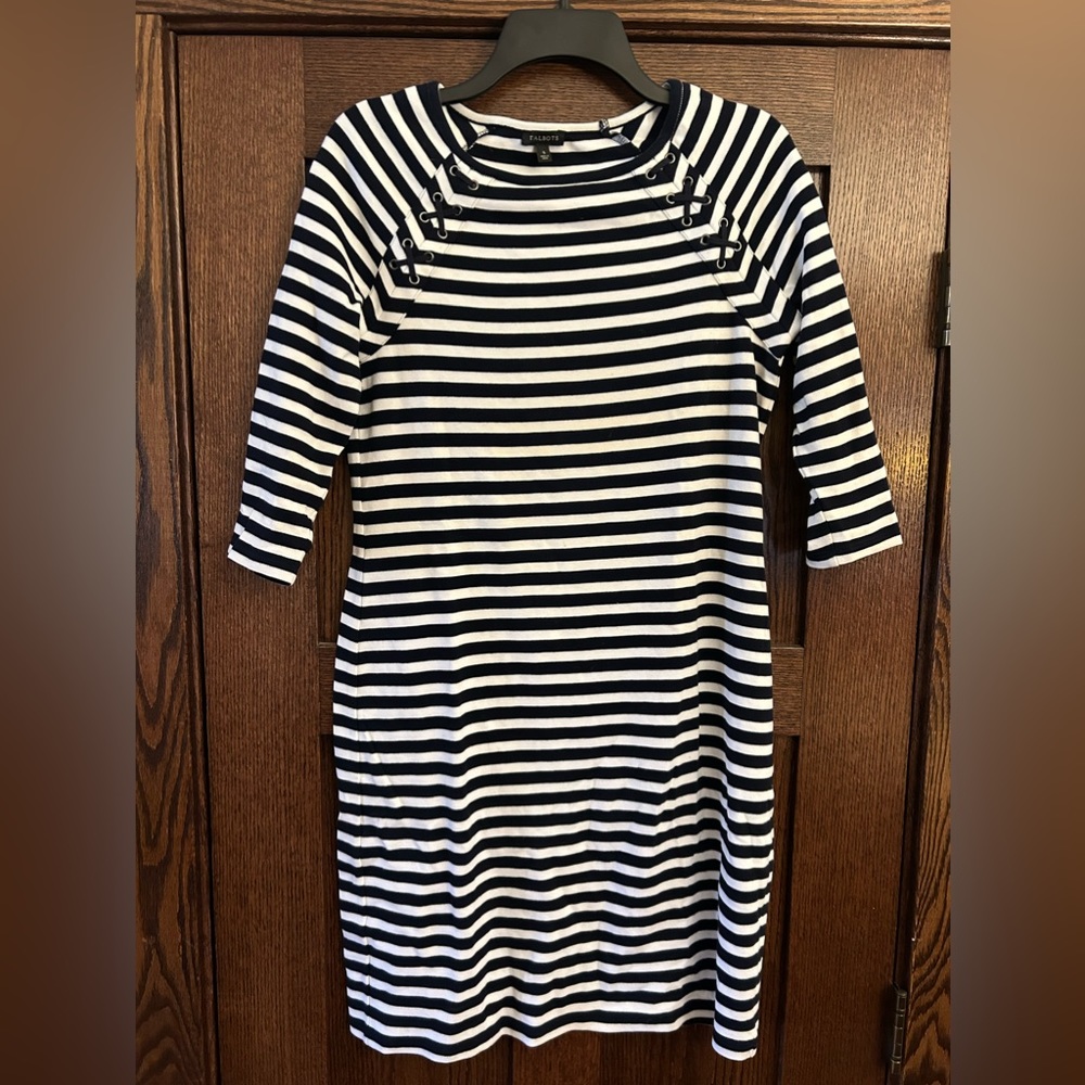 Talbots size S knit dress black & white black stripe laced up detail on shoulder